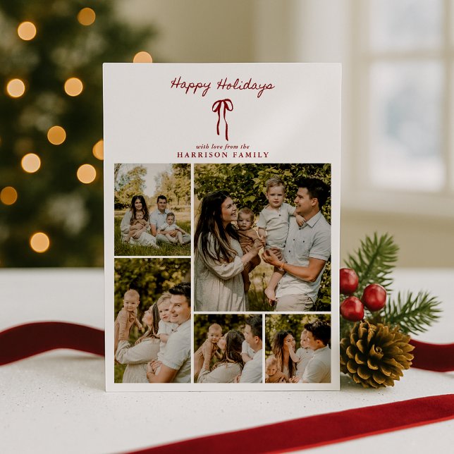 Holiday Family Photo Grid Card with Red Bow  (Creator Uploaded)
