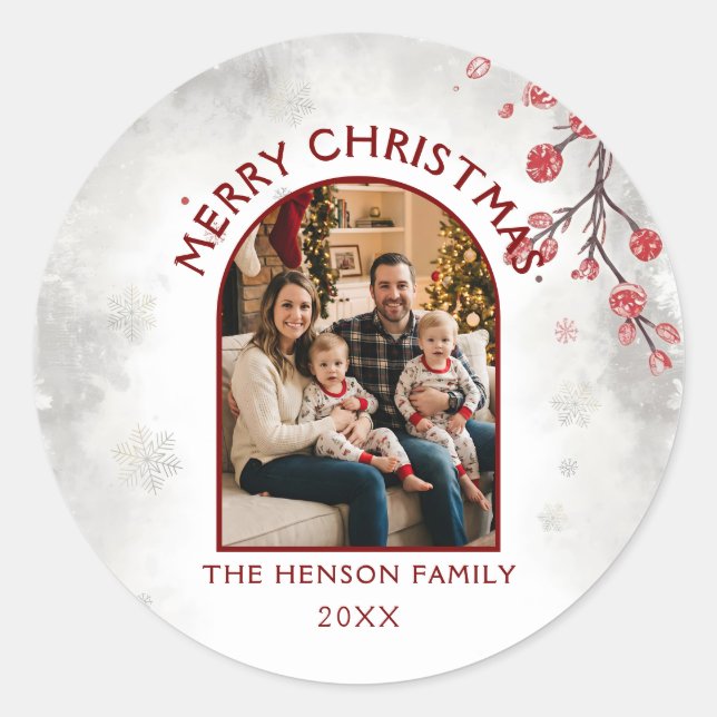 Holiday Family Photo Merry Christmas  Classic Round Sticker (Front)