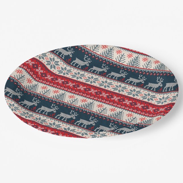 Holiday Faux Knit Pattern Nordic Theme Christmas Paper Plate (Angled)