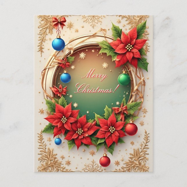 Holiday Festive Christmas Wreath 🎄✨Poinsettia Red Postcard (Front)