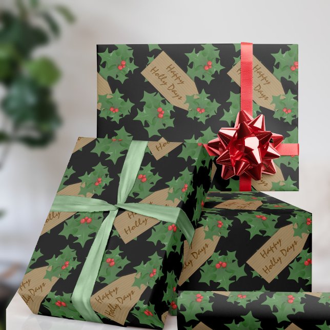 Holiday Festive Holly Berry Custom Black Christmas Wrapping Paper (Fun and festive wrapping paper with space for your short message)