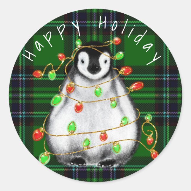 Holiday Festive Penguin, twinkle red green lights Classic Round Sticker (Front)