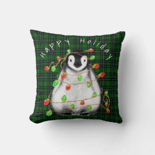 Holiday Festive Penguin, twinkle red green lights  Cushion