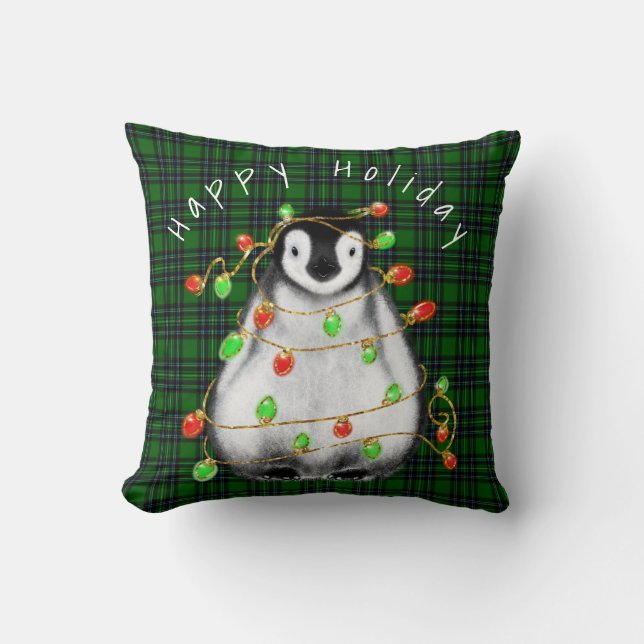 Holiday Festive Penguin, twinkle red green lights  Cushion (Front)