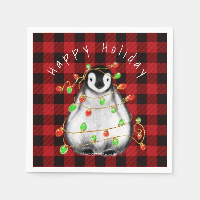 Holiday Festive Penguin, twinkle red green lights Napkin (Front)