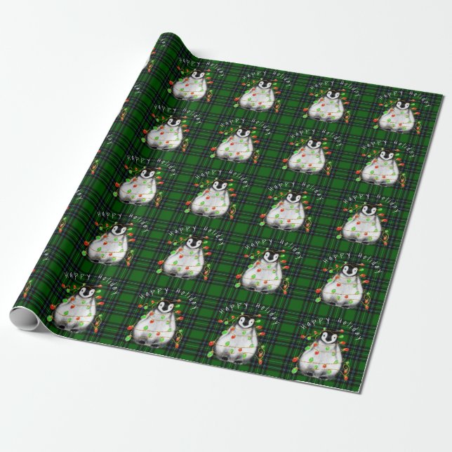 Holiday Festive Penguin, twinkle red green lights  Wrapping Paper (Unrolled)