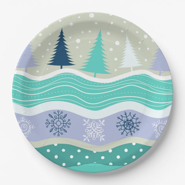 Holiday Fir Trees Snowflakes Snow Christmas Paper Plate (Front)