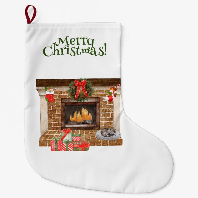 Holiday Fireplace Christmas Stocking (Front)