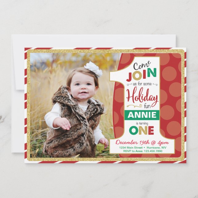 Holiday First Birthday Invitation, Christmas Invitation (Front)