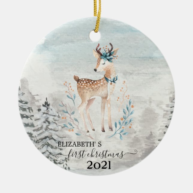 Holiday First Christmas Baby Reindeer Ceramic Ornament (Front)