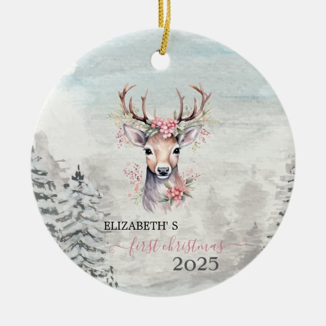 Holiday First Christmas Baby Reindeer Holly Berry Ceramic Ornament (Front)