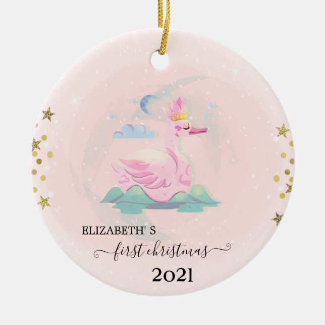 Holiday First Christmas Baby Swan Crown Stars Ceramic Ornament (Front)