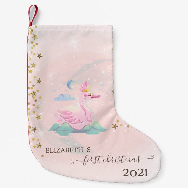 Holiday First Christmas Baby Swan Stars Small Christmas Stocking (Front)
