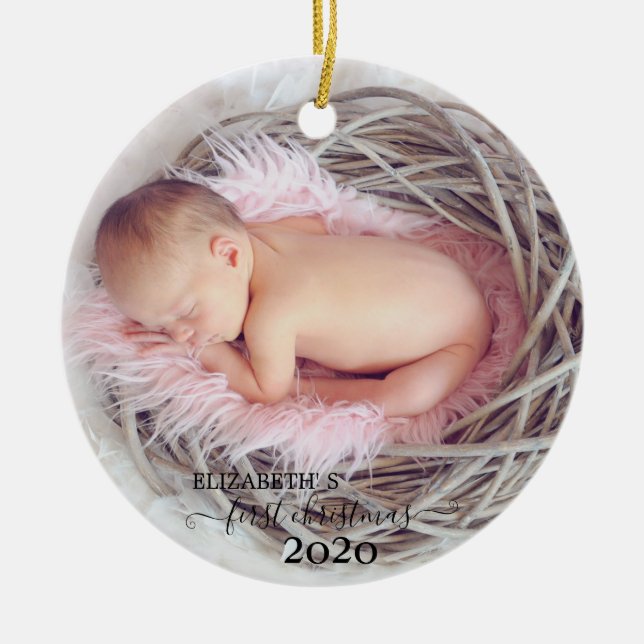 Holiday First Christmas Photo Ceramic Ornament (Front)