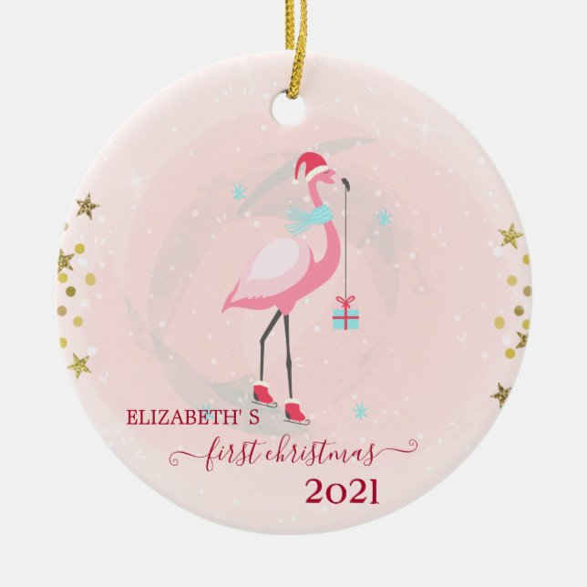 Holiday First Christmas Pink Flamingo Santa Hat Ceramic Ornament (Front)
