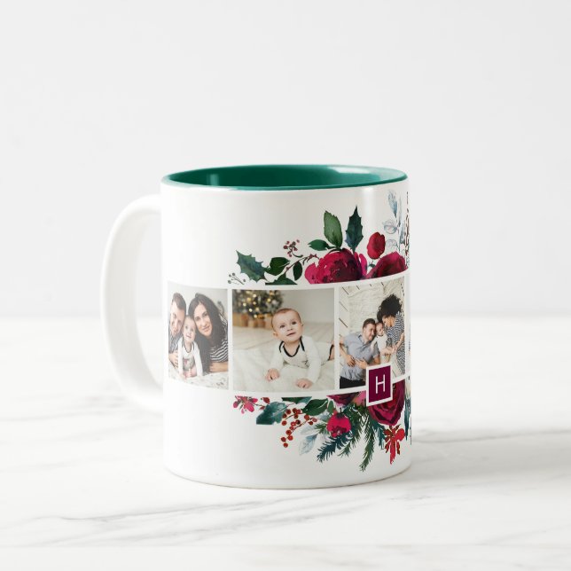 Holiday Floral 5 Photo Collage Monogram Christmas Two-Tone Coffee Mug (Front Left)