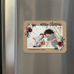 Holiday Floral Christmas Photo Magnet<br><div class="desc">Custom magnetic holiday photo cards with simple templates for customisation. This festive design features an elegant watercolor floral border in red, green and burgundy colours on a faux kraft background. The text reads "Merry Christmas" in a modern calligraphy script font. Personalise it with your photos, name, the year or other...</div>