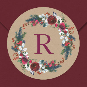Holiday Floral Christmas Wreath Monogram Classic Round Sticker