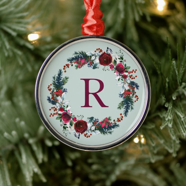 Holiday Floral Christmas Wreath Monogram Metal Ornament (Tree)