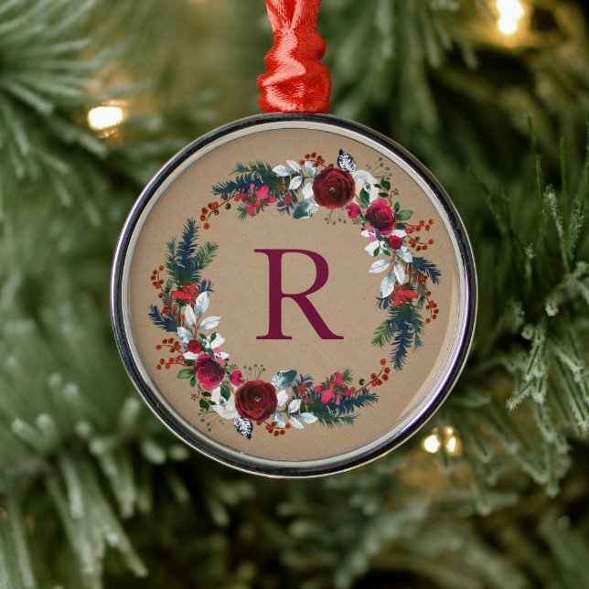 Holiday Floral Christmas Wreath Monogram Metal Ornament (Tree)