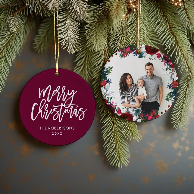 Holiday Floral Christmas Wreath Personalised Photo Ceramic Ornament (Creator Uploaded)