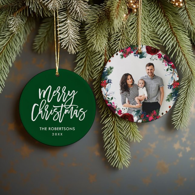 Holiday Floral Christmas Wreath Personalised Photo Ceramic Ornament (Creator Uploaded)