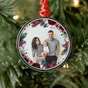 Holiday Floral Christmas Wreath Personalised Photo Metal Ornament