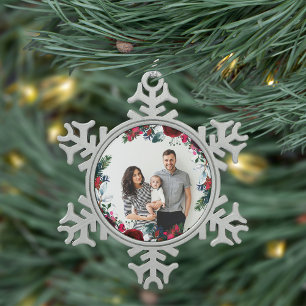Holiday Floral Christmas Wreath Personalised Photo Snowflake Pewter Christmas Ornament