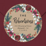 Holiday Floral Christmas Wreath Return Address Classic Round Sticker<br><div class="desc">Custom printed round Christmas return address labels to coordinate with our Holly and Pine collection. Personalise it with your name and address other custom text in a green and burgundy watercolor wreath on a faux kraft background. Use the design tools to choose any background colour, edit the text fonts and...</div>