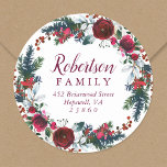 Holiday Floral Christmas Wreath Return Address Classic Round Sticker<br><div class="desc">Custom printed round Christmas return address labels to coordinate with our Holly and Pine collection. Personalise it with your name and address other custom text in a green and burgundy watercolor wreath. Use the design tools to choose any background colour, edit the text fonts and colours, add your own photos...</div>