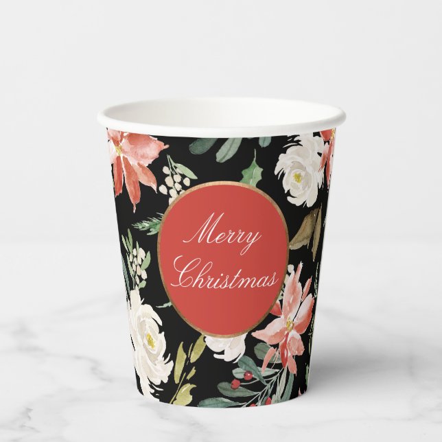 Holiday Floral Festive Merry Christmas Paper Cups (Back)