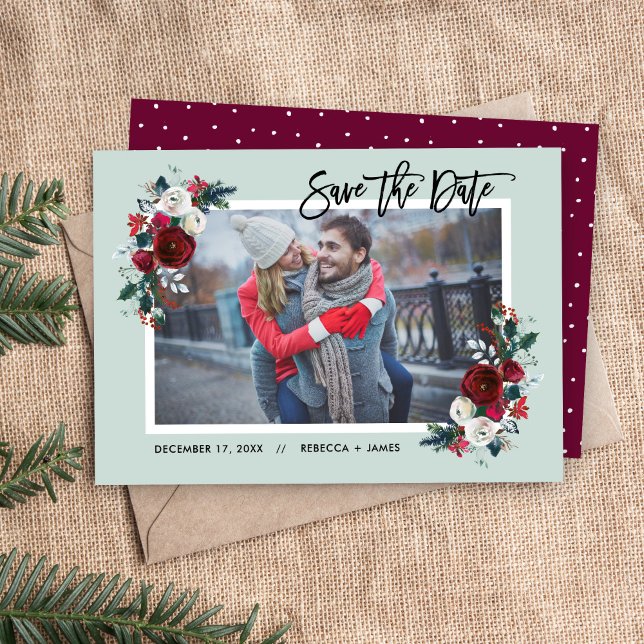 Holiday Floral Save the Date Photo Card (Creator Uploaded)