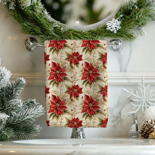Holiday Floral Tablecloth Classic Red Poinsettias Bath Towel Set