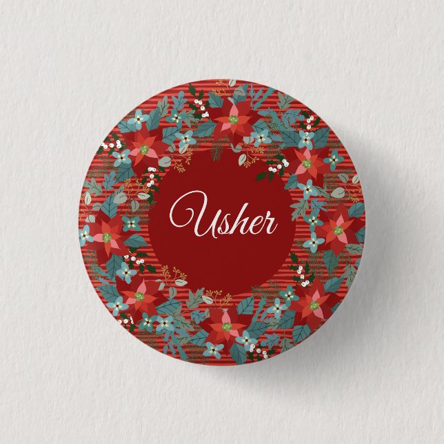 Holiday Floral Volunteer Usher 3 Cm Round Badge (Front)
