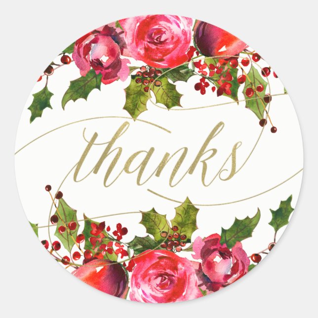Holiday Floral Wedding Favour Thank You Classic Round Sticker (Front)