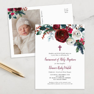 Holiday Floral Winter Baptism Photo Invitation