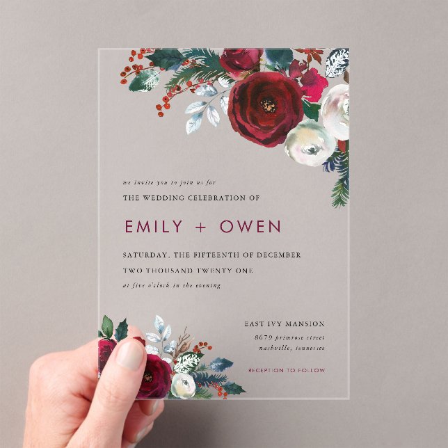 Holiday Floral Winter Wedding Acrylic Invitations (Insitu (Handheld))