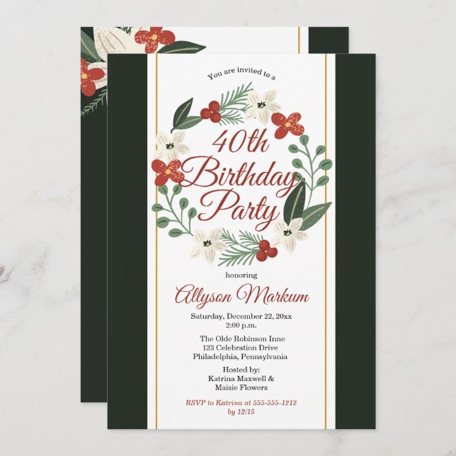 Holiday Floral Wreath 40th Birthday Party Invitation (Front/Back)