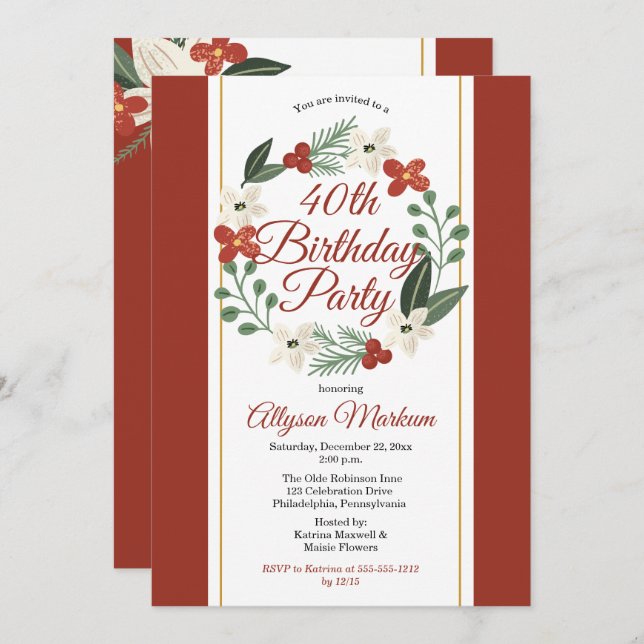 Holiday Floral Wreath 40th Birthday Party Invitation (Front/Back)