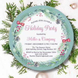Holiday Floral Wreath Corporate Christmas Party Invitation