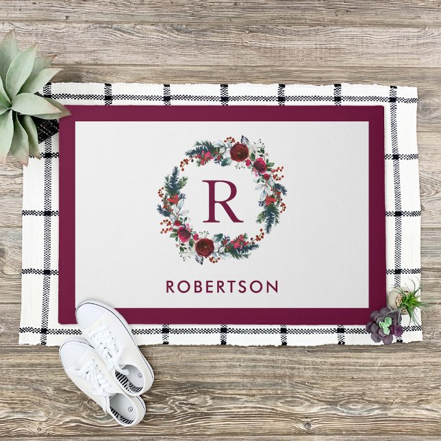 Holiday Floral Wreath Monogram Personalised Doormat (Creator Uploaded)