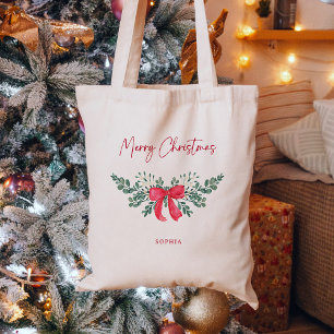 Holiday Foliage and Red Bow   Merry Christmas Tote Bag