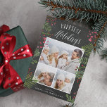 Holiday Foliage | Photo Collage Card<br><div class="desc">Festive holiday photo card features painted watercolor berries, leaves and branches, surrounding three of your favourite photos in a collage layout on a brushed grey chalkboard background. "Happiest Holidays" appears at the top in white hand lettered block and script typography. Personalise with your custom greeting and names at the bottom....</div>