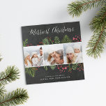 Holiday Foliage | Square Photo Collage Card<br><div class="desc">Festive holiday photo card features red and green painted watercolor berries, leaves and branches, peeking out from the top of the card. Add three of your favorite square photos aligned side by side. "Merriest Christmas" appears at the bottom in white hand lettered script typography on a rustic dark gray chalkboard...</div>