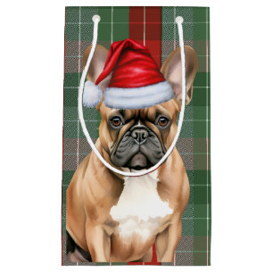 Holiday French Bulldog and Festive Plaid Christmas Small Gift Bag