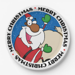 Holiday Fun Black Santa Claus Riding Sled Paper Plate