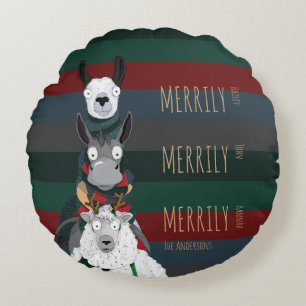 Holiday Funny "Merrily" Sheep Donkey Llama Striped Round Cushion