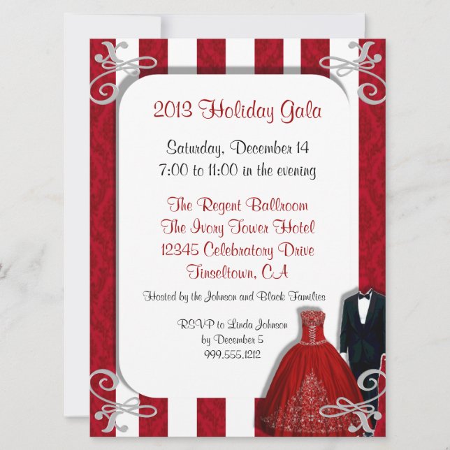 Holiday Gala Invitations in Red and Silver (Front)