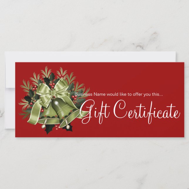 Holiday Gift Certificate Green Christmas Bells (Front)