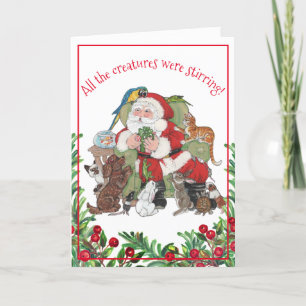 Holiday Gift Santa Pet Animals Dog Cat Vintage Card